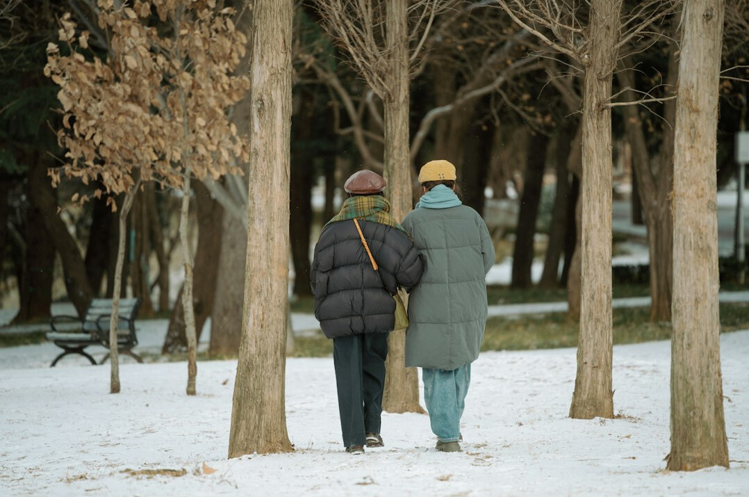 senior couple walking in park